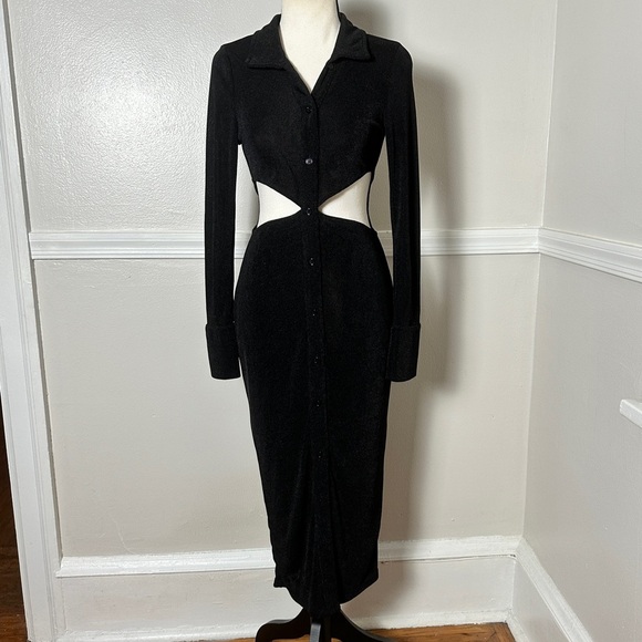 Runaway Stretchy Black Maxi Dress Cutouts Long Sleeves Collared Preppy - Picture 9 of 17